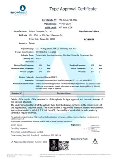 Certificates - BS-B10 High Pressure Air Cylinder